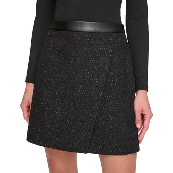 DKNY LUREX TWEED FAUX LEATHER TRIM SKIRT - Picture 6 of 6